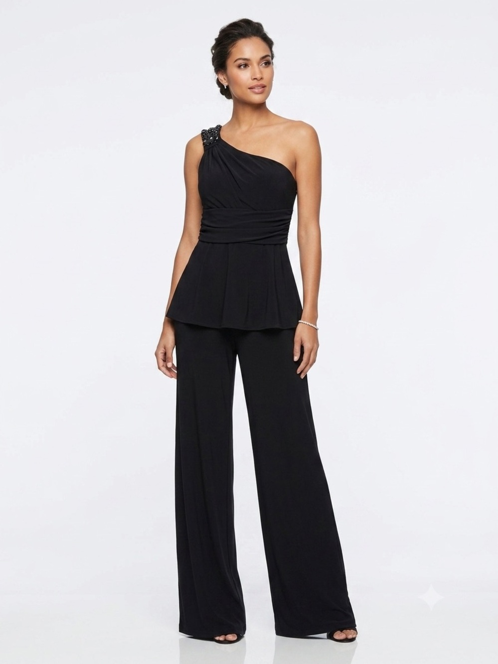 White House Black Market One Shoulder Embellished Jumpsuit Black Size 6